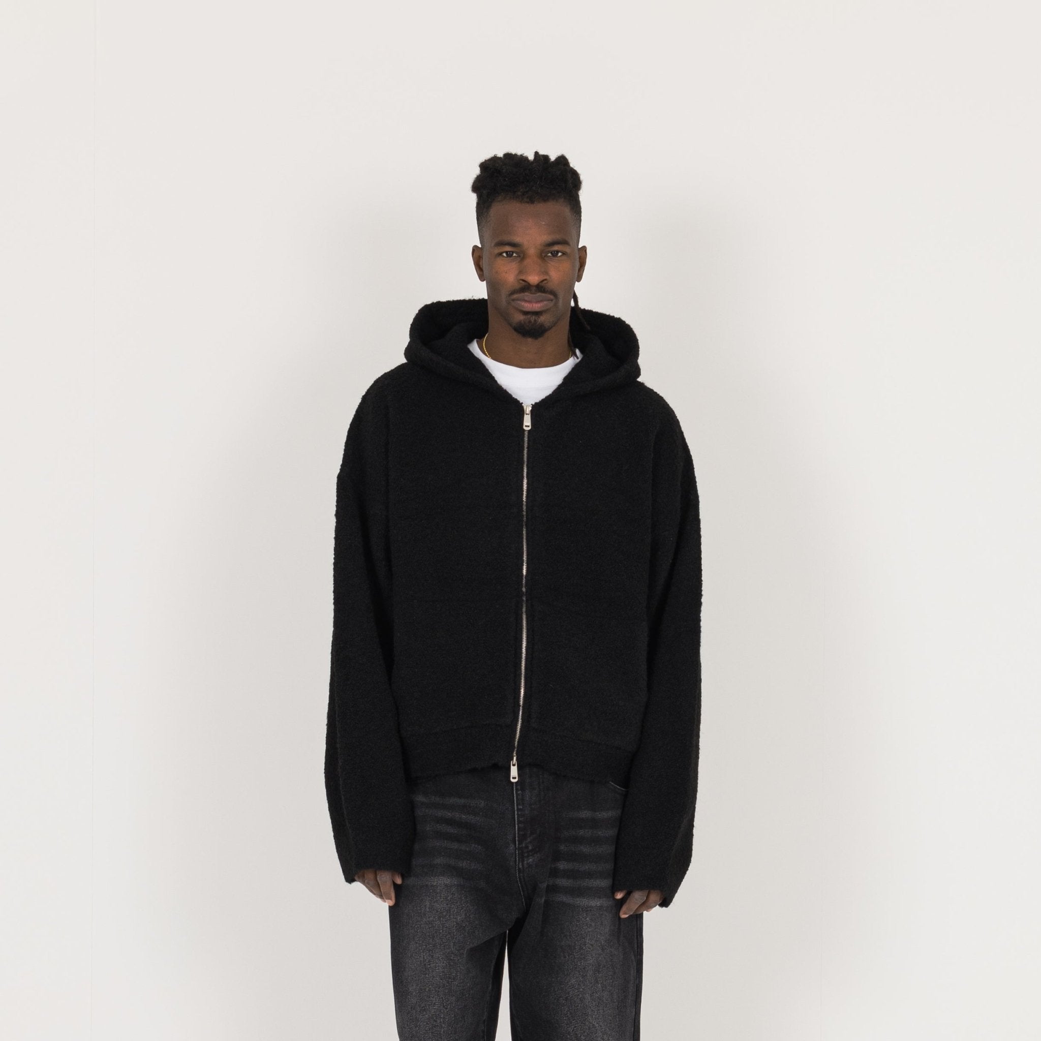 Model view of Destructive Bouclé Black ZIP Hoodie
